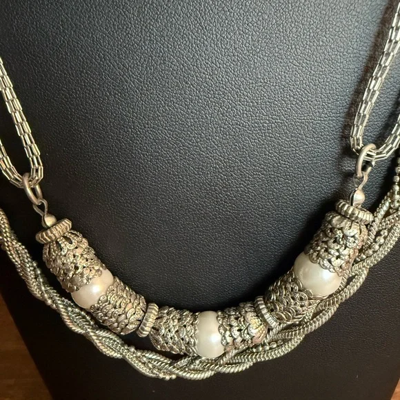 Silver Tone Chain and Faux Pearl layered Necklace with Organic Design - Picture 11 of 15